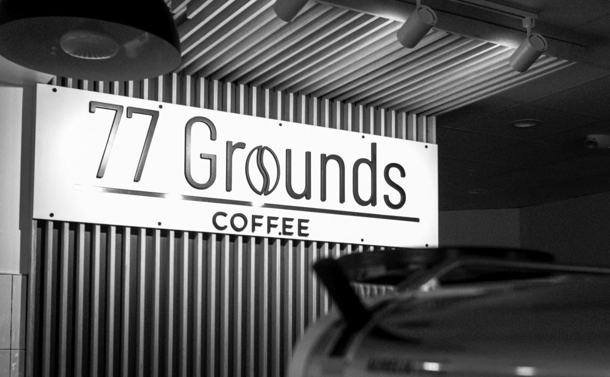 Storefront sign reading 77 Grounds Coffee