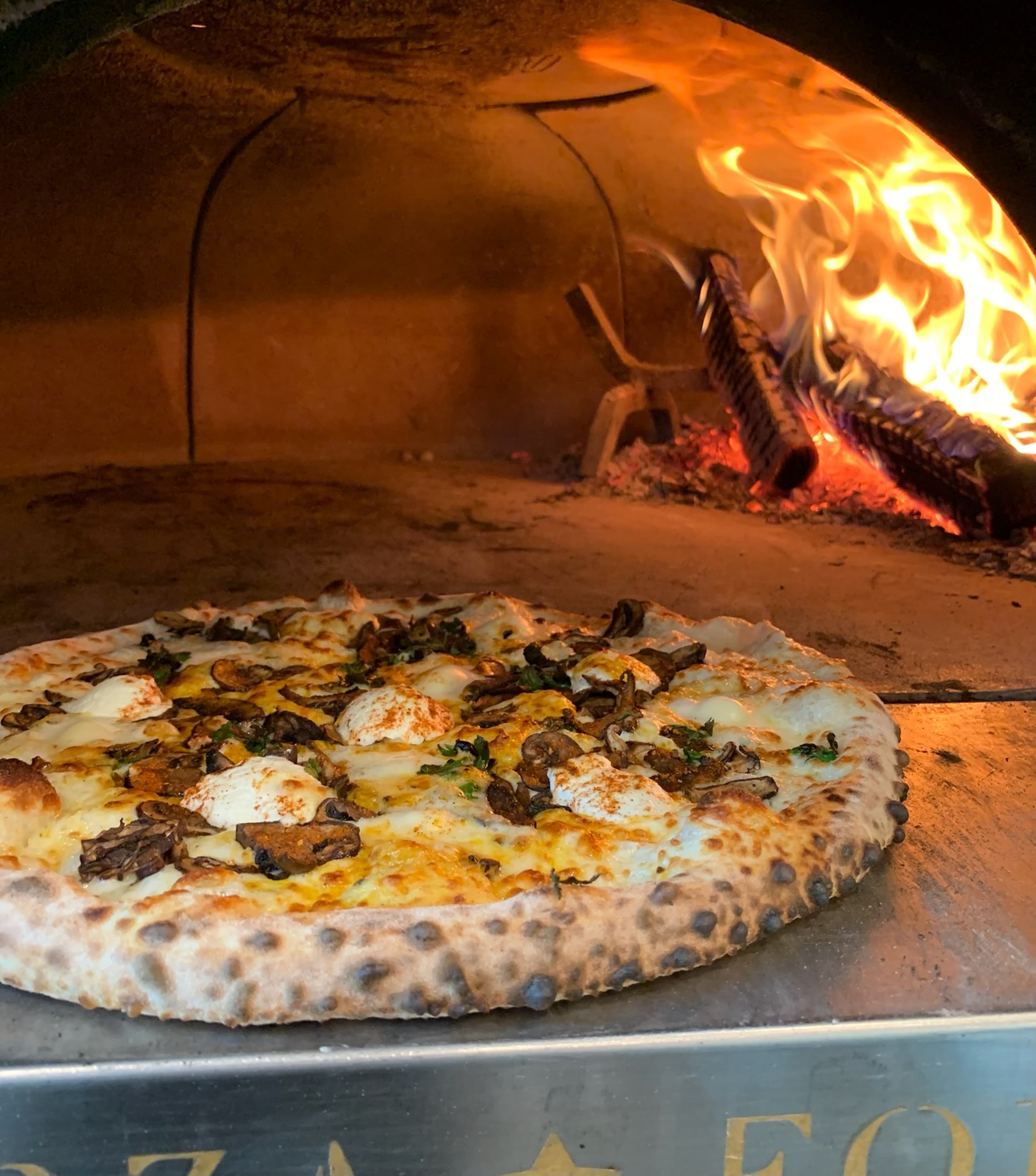 Wood-fired pizza with mozzarella and mushrooms in oven