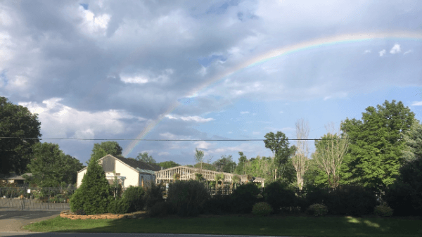 Garden center building with greenhouse and rainbow overhead