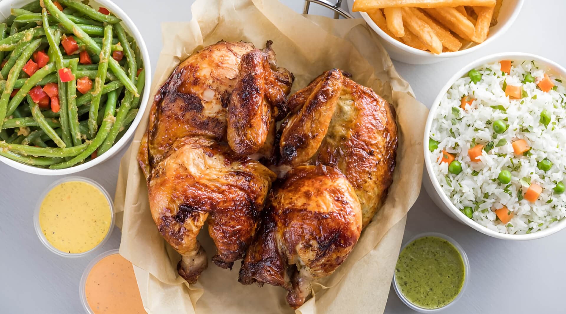 Roasted chicken with sides and sauces on table