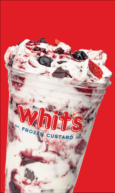 Frozen custard cup topped with berries and chocolate chunks