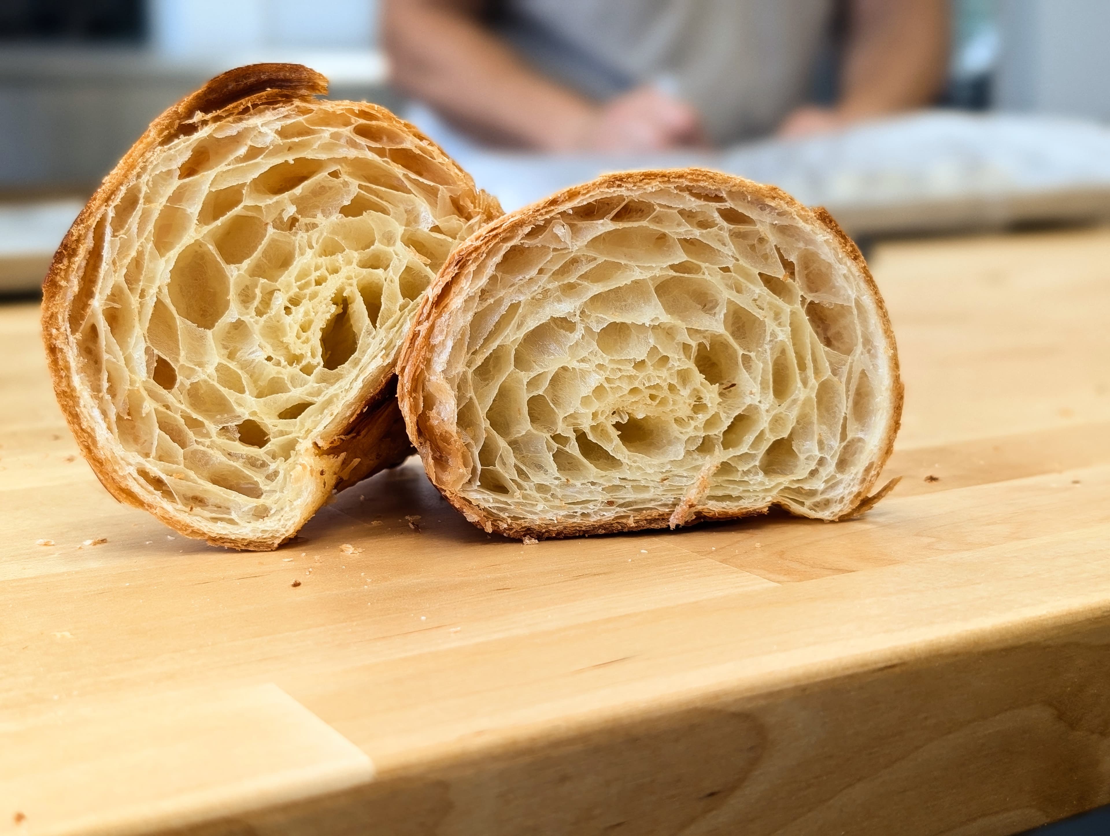 Croissant cross-section showing laminated pastry