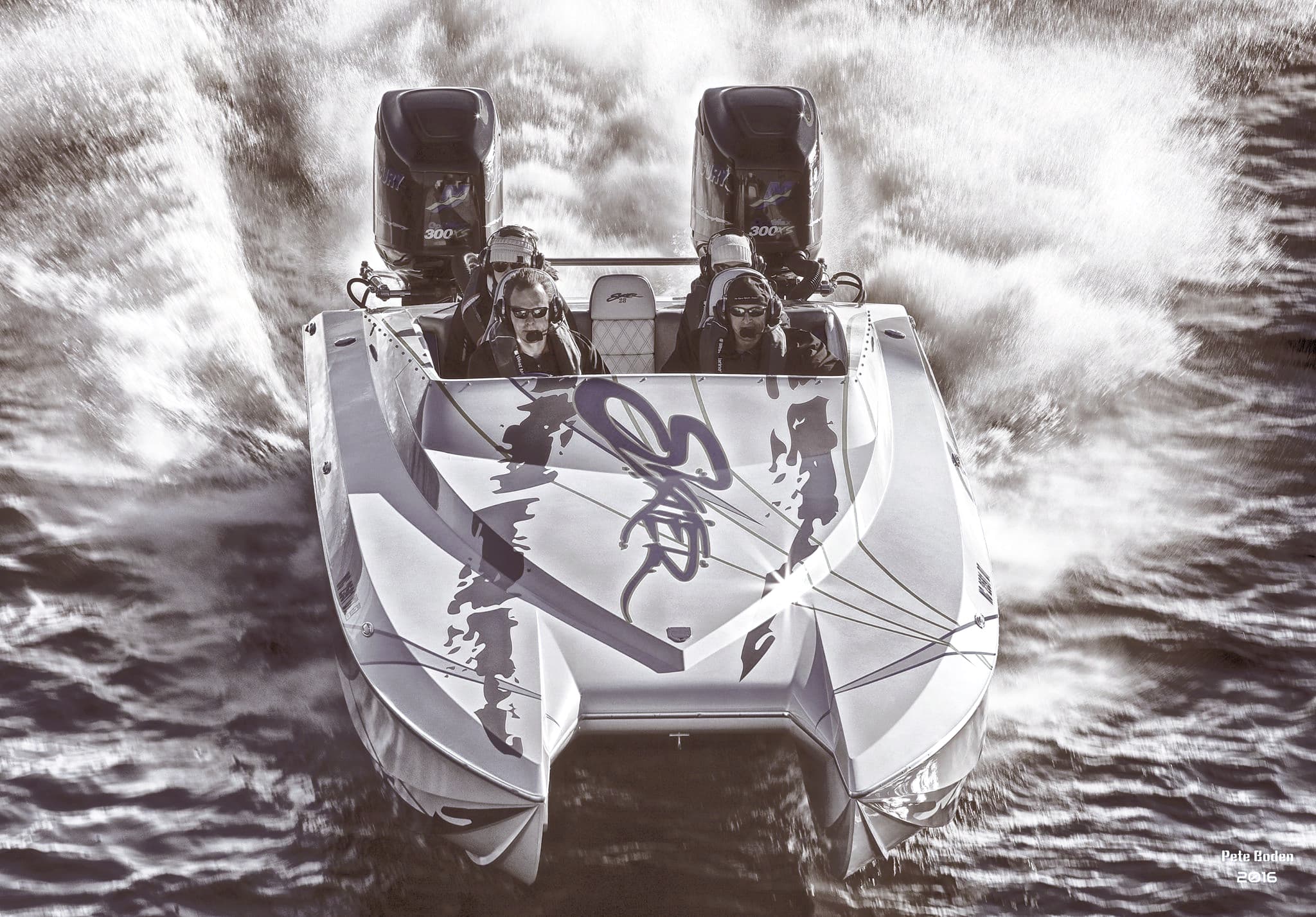 Performance boat with dual engines on water