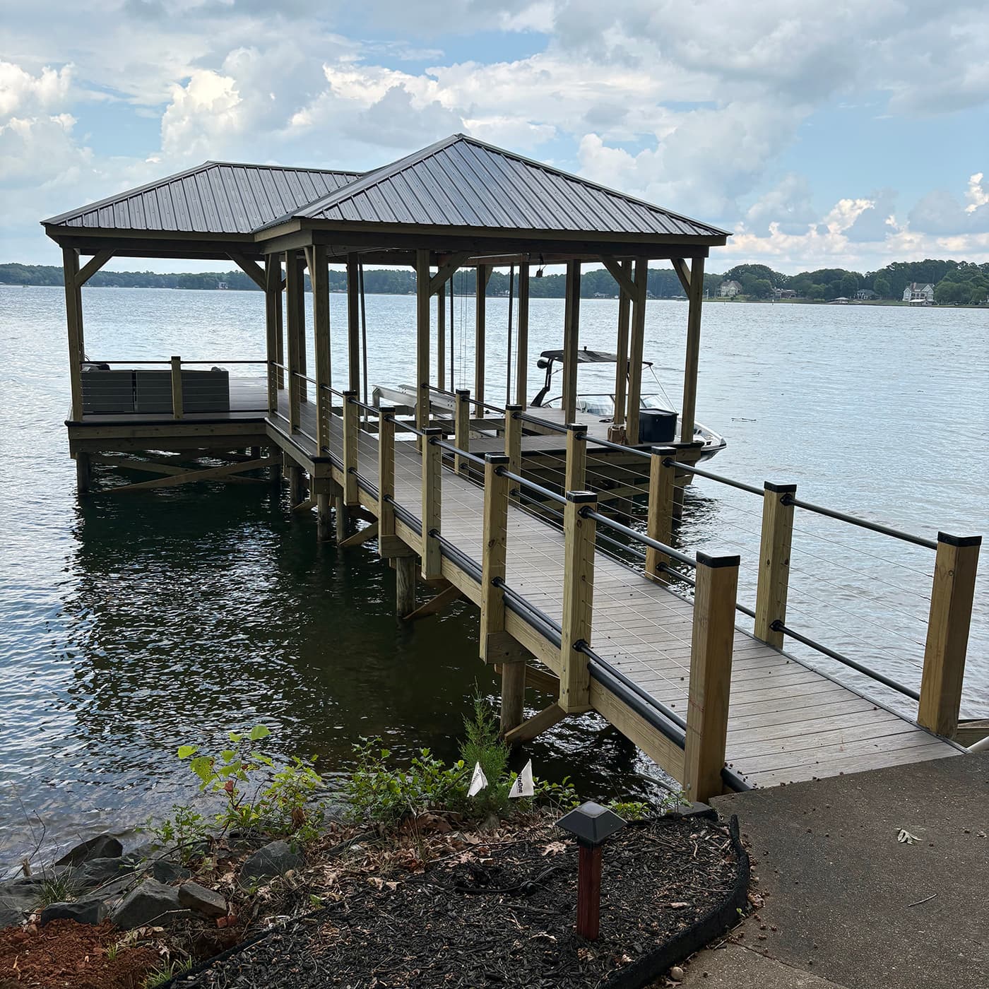 Waterfront dock with boathouse and covered structure