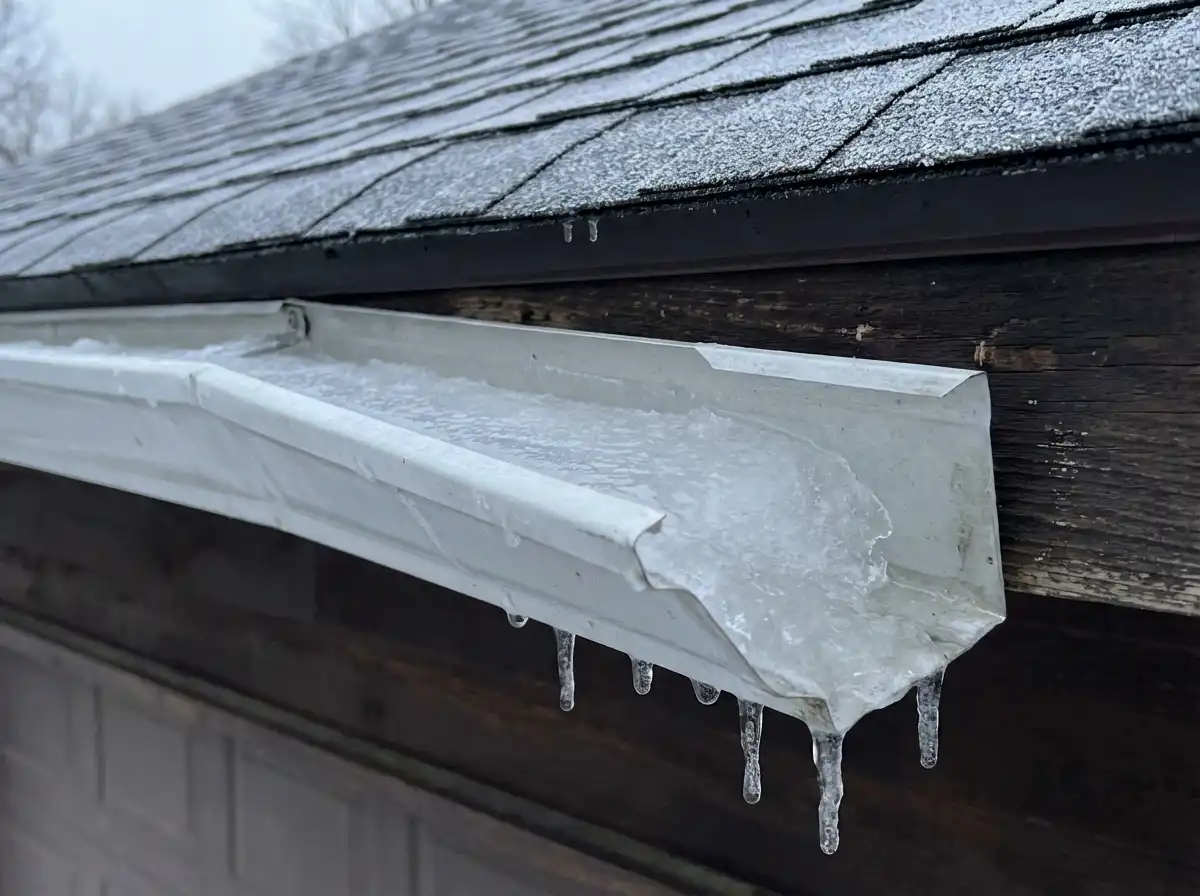 Gutter with ice dam and asphalt shingles