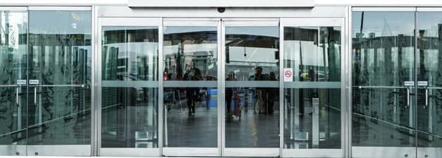 Glass storefront doors and entrance area