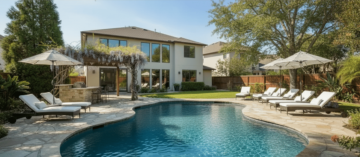 Residential pool with lounge area and umbrellas