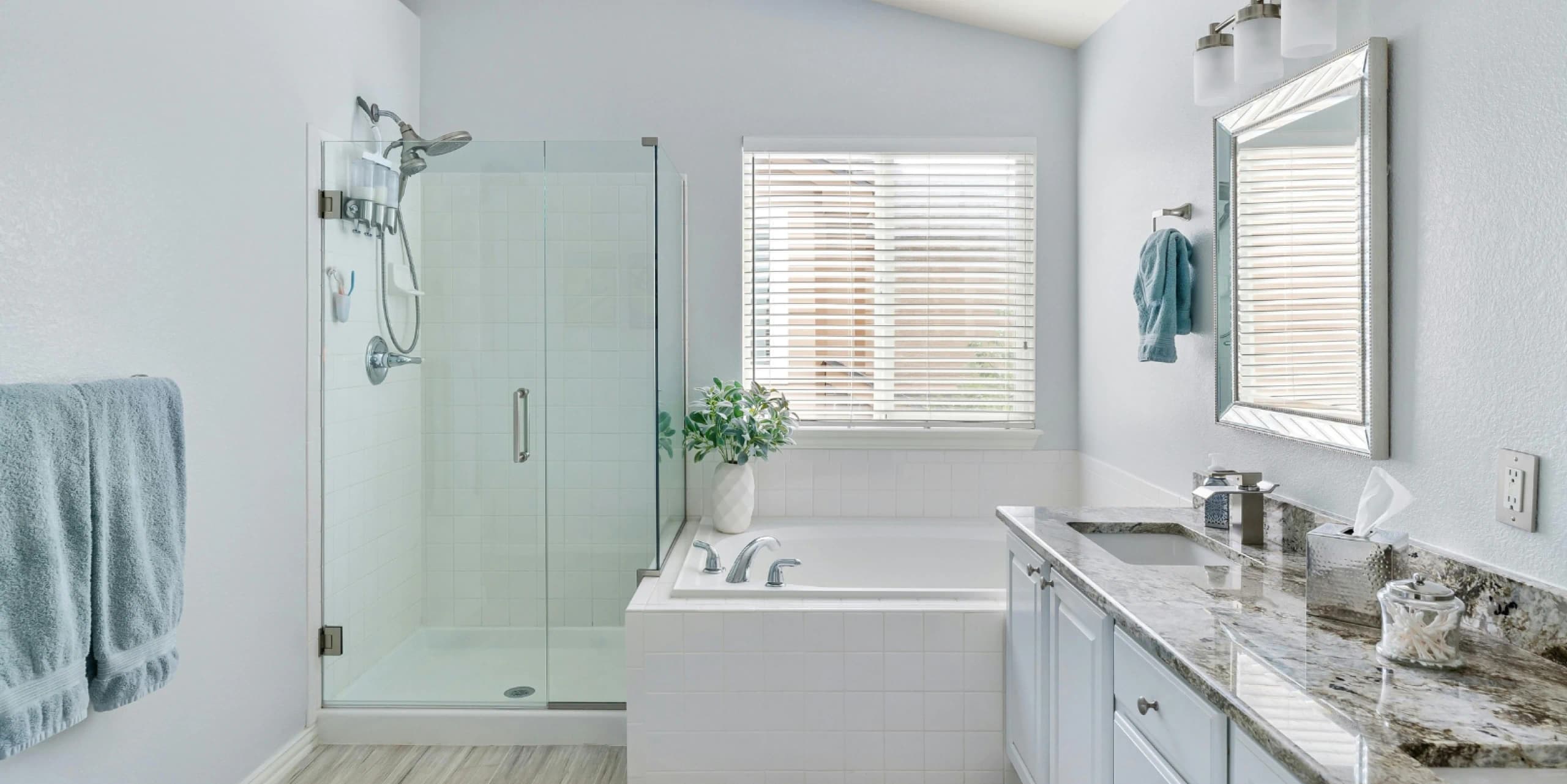Bathroom shower enclosure with glass doors