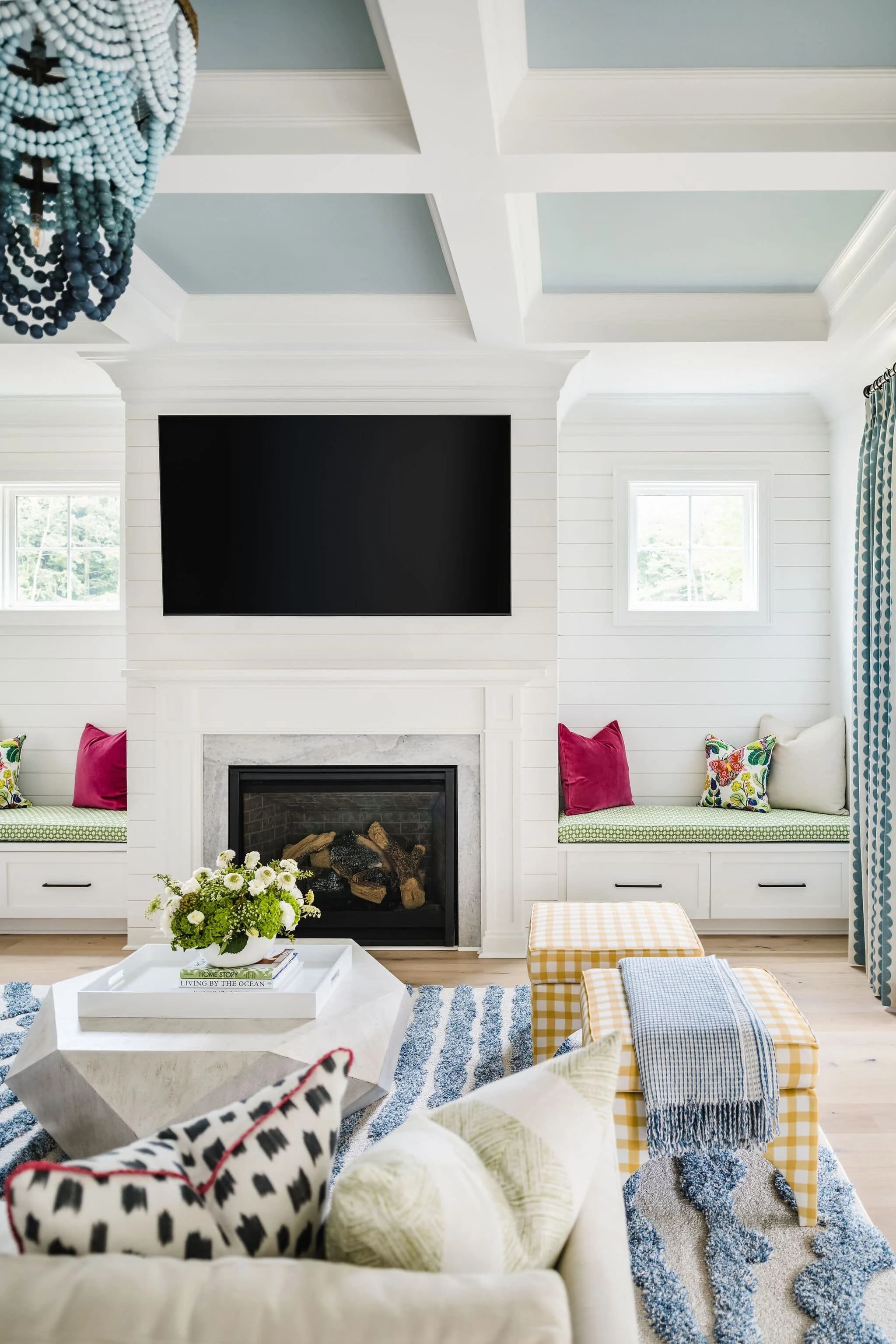 Modern living room with fireplace and built-ins
