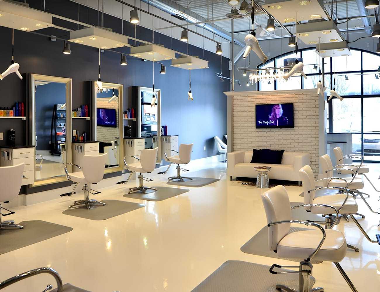 Hair salon interior with styling stations and seating