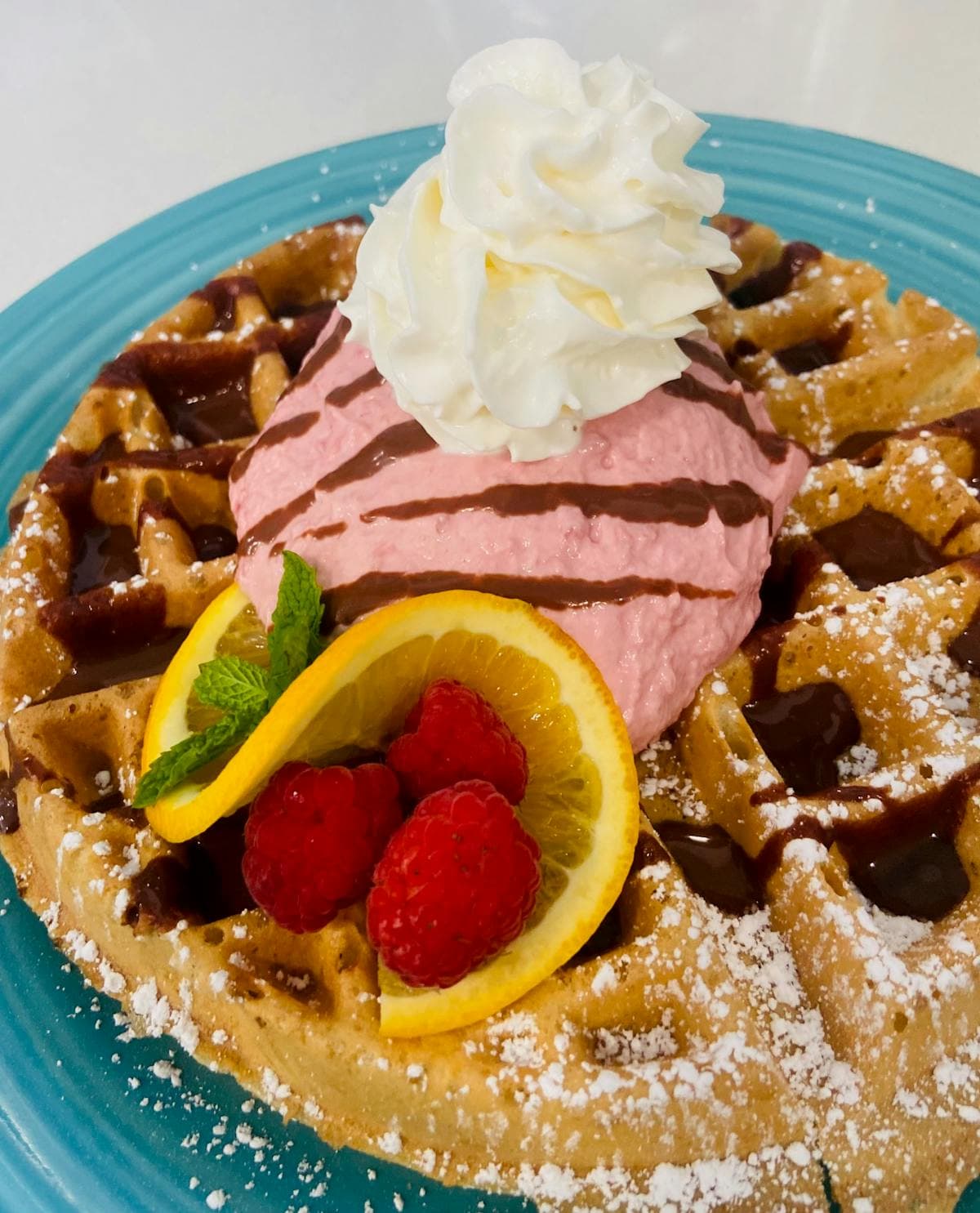 Waffle with ice cream and fresh fruit