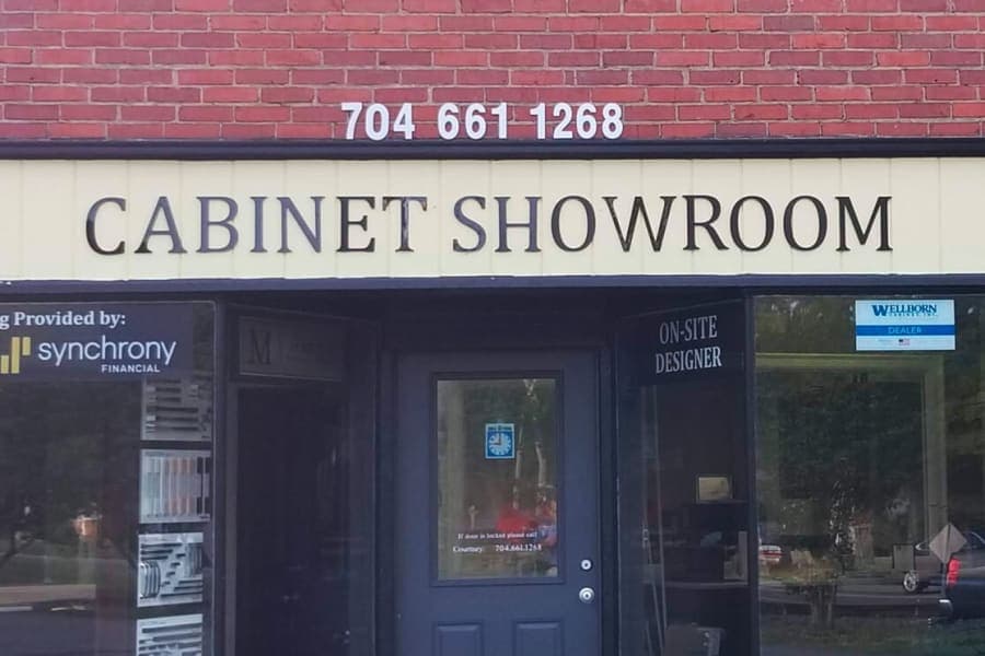 Cabinet showroom storefront with signage
