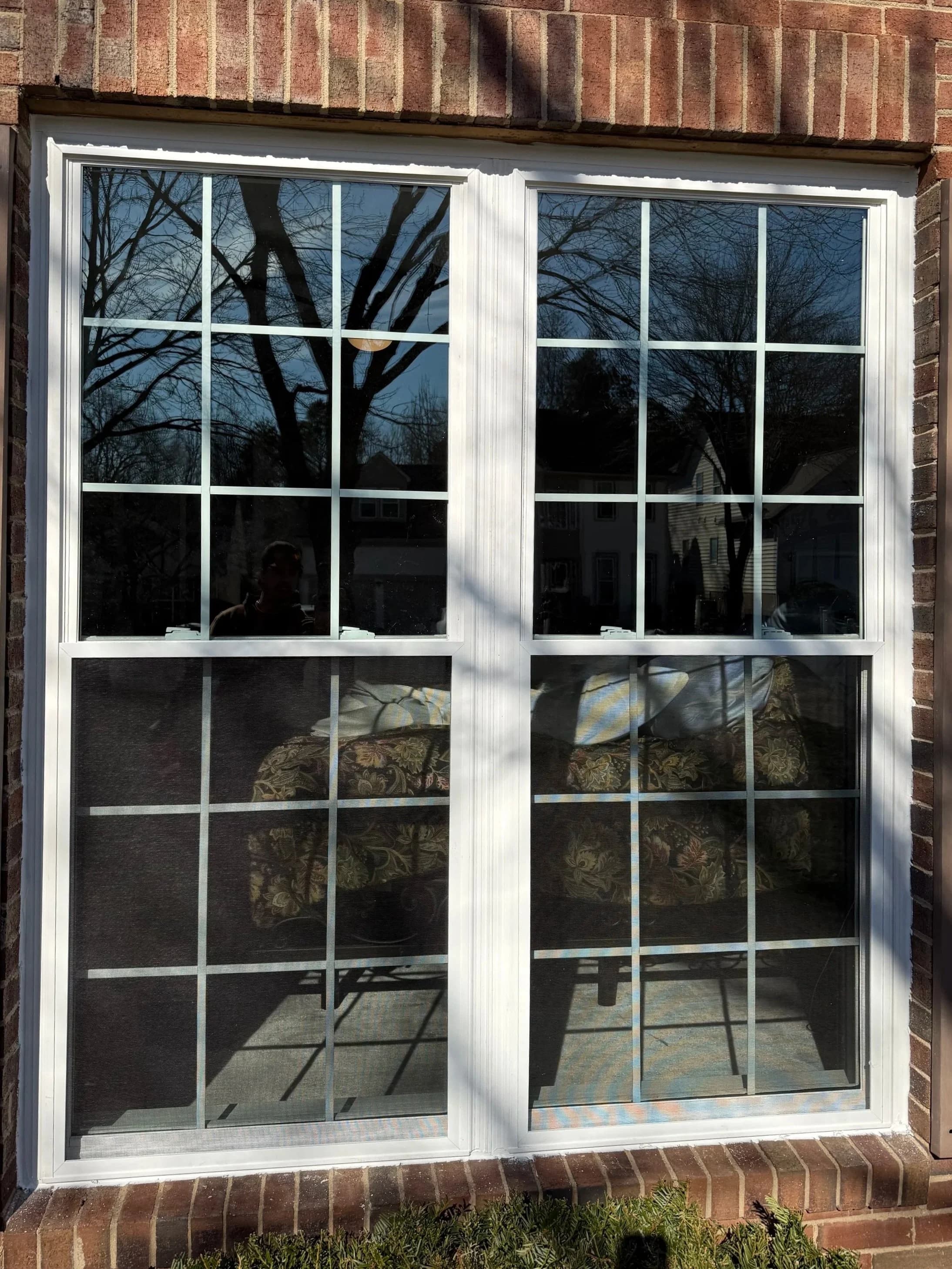White-framed double windows with grid panes