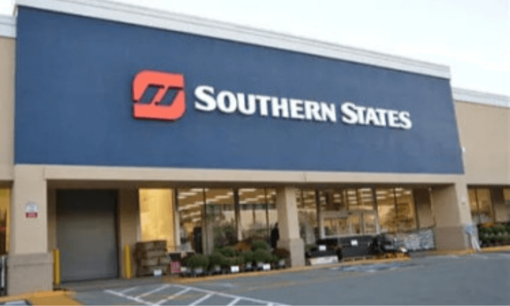 Southern States storefront with blue sign and entrance