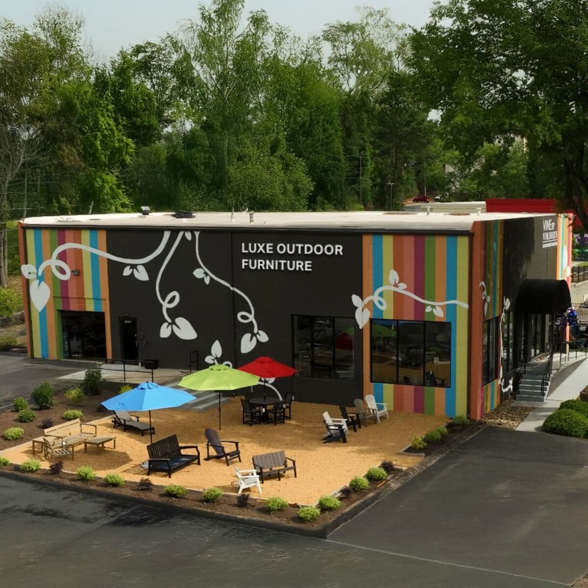 Storefront exterior with colorful striped design