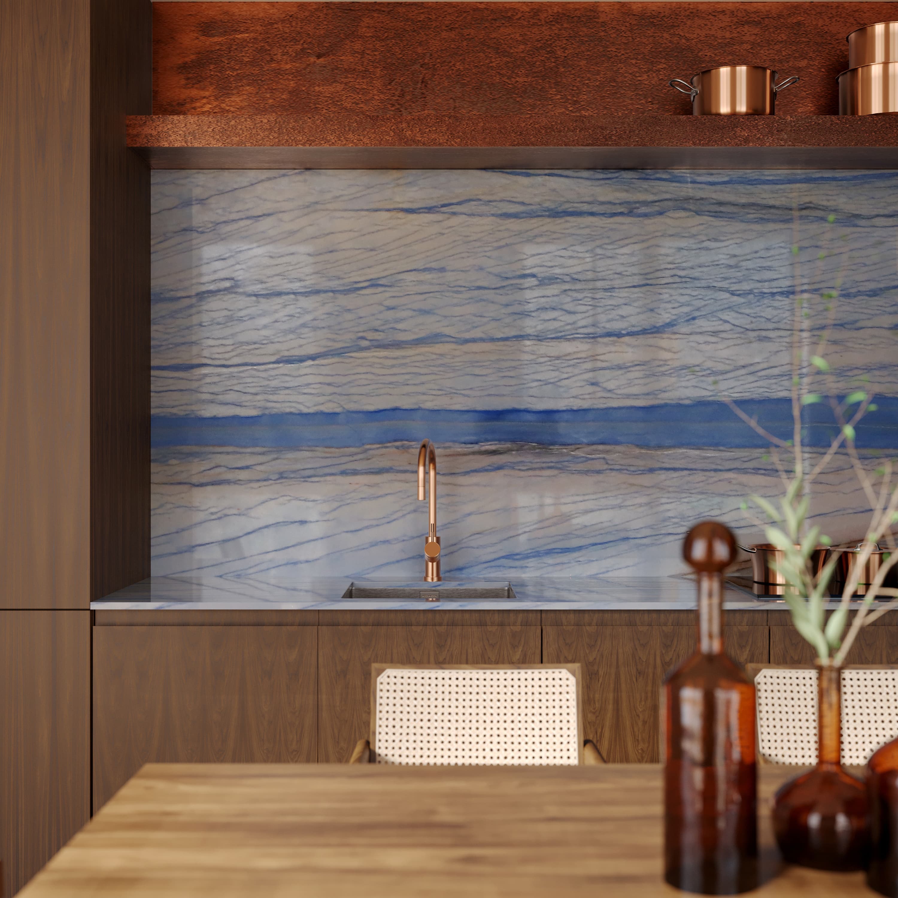 Kitchen with marble backsplash and wooden cabinetry