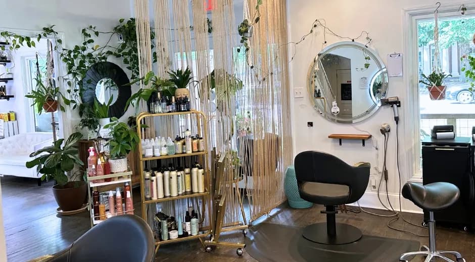 Hair salon interior with styling stations and plants