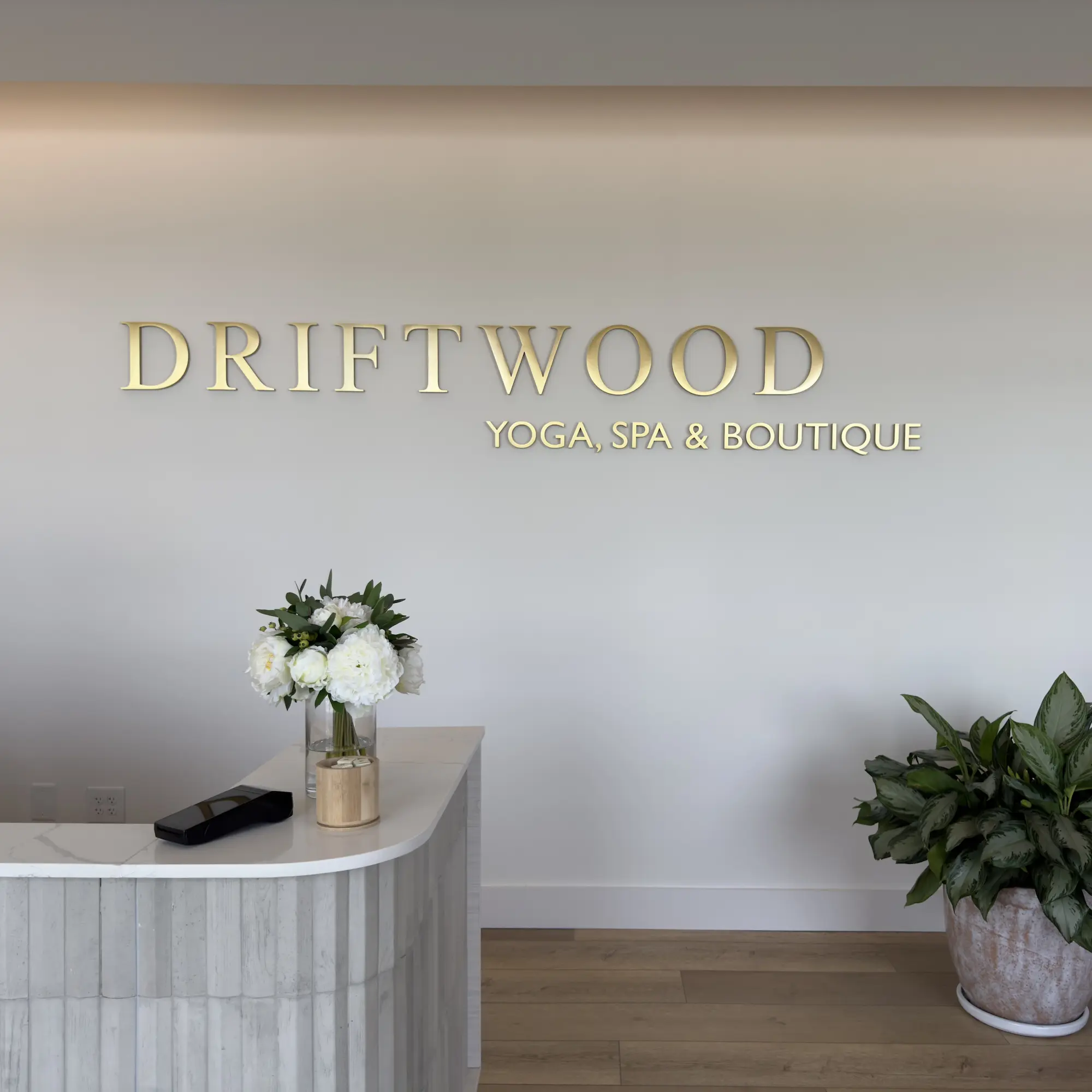 Driftwood reception desk and storefront interior