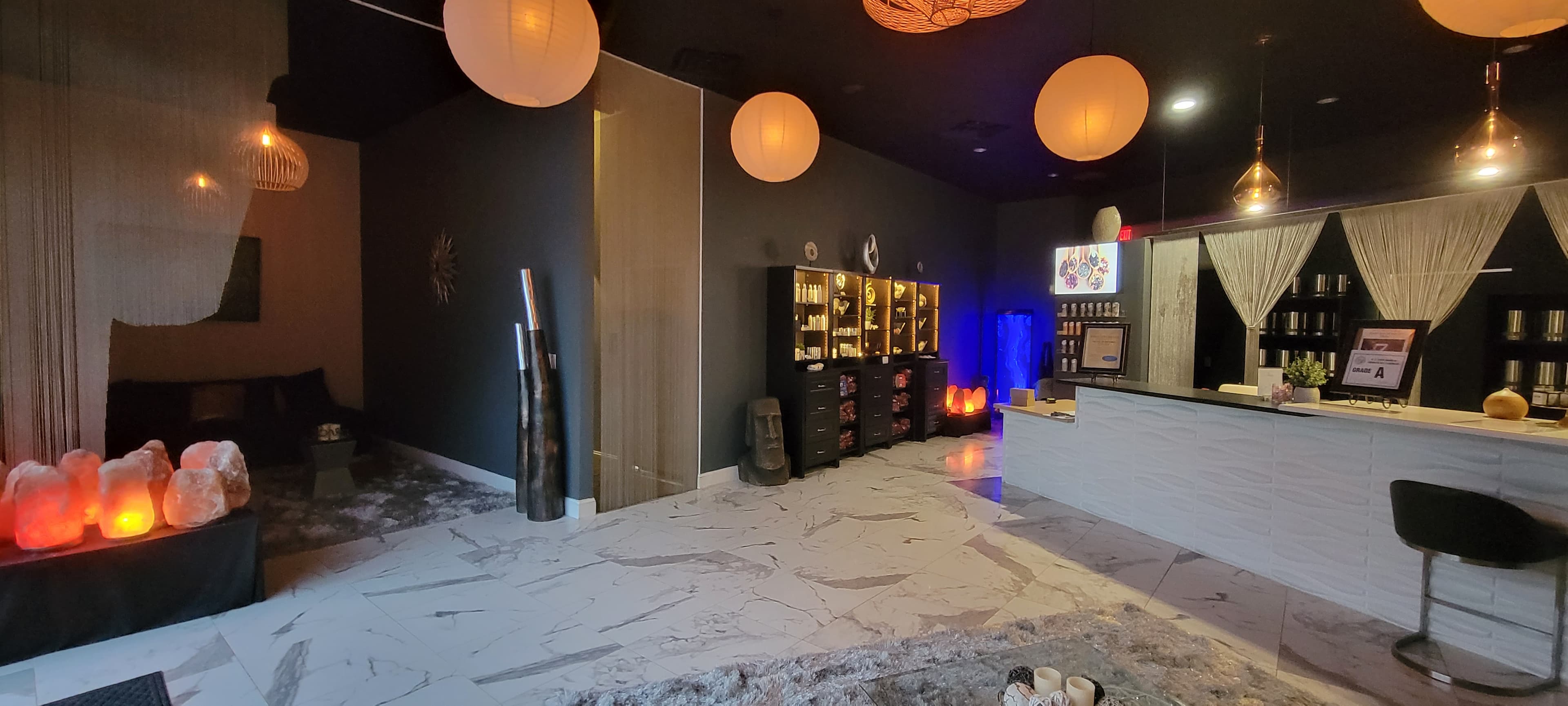 Spa interior with reception desk and ambient lighting