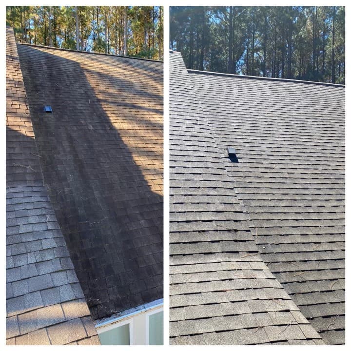 Roof cleaning work demonstrating pressure washing