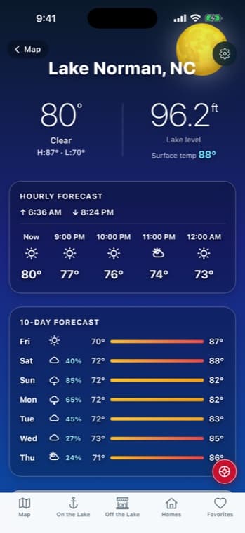 The LKN Life conditions screen, showing air temperature, lake level and surface temperature for Lake Norman