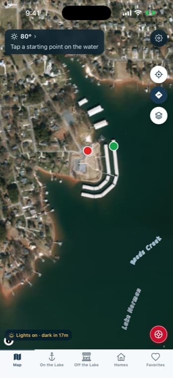 The LKN Life map showing aerial imagery of a Lake Norman shoreline, with docks, boat slips and a marina