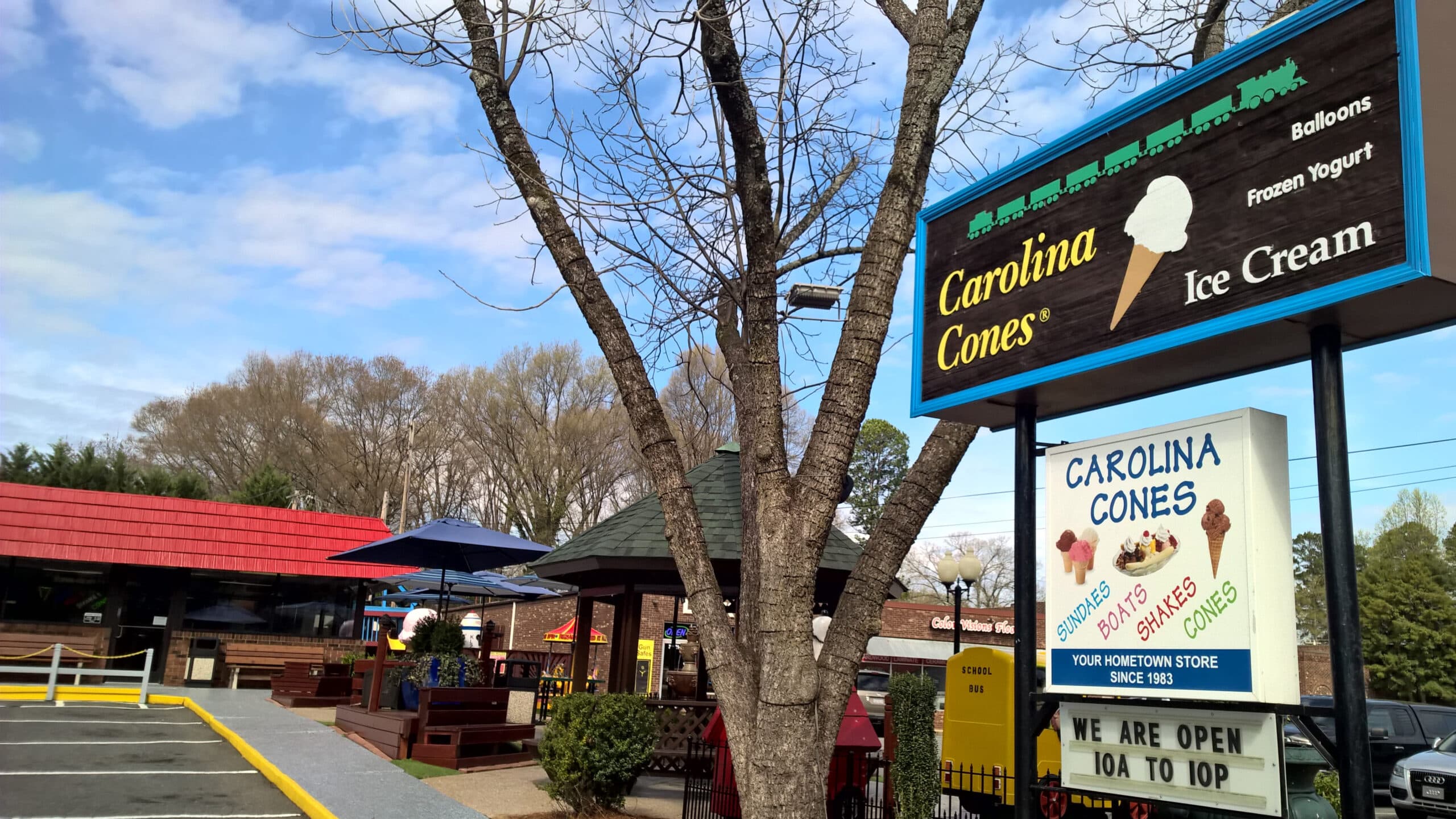 Carolina Cones sign with storefront and patio