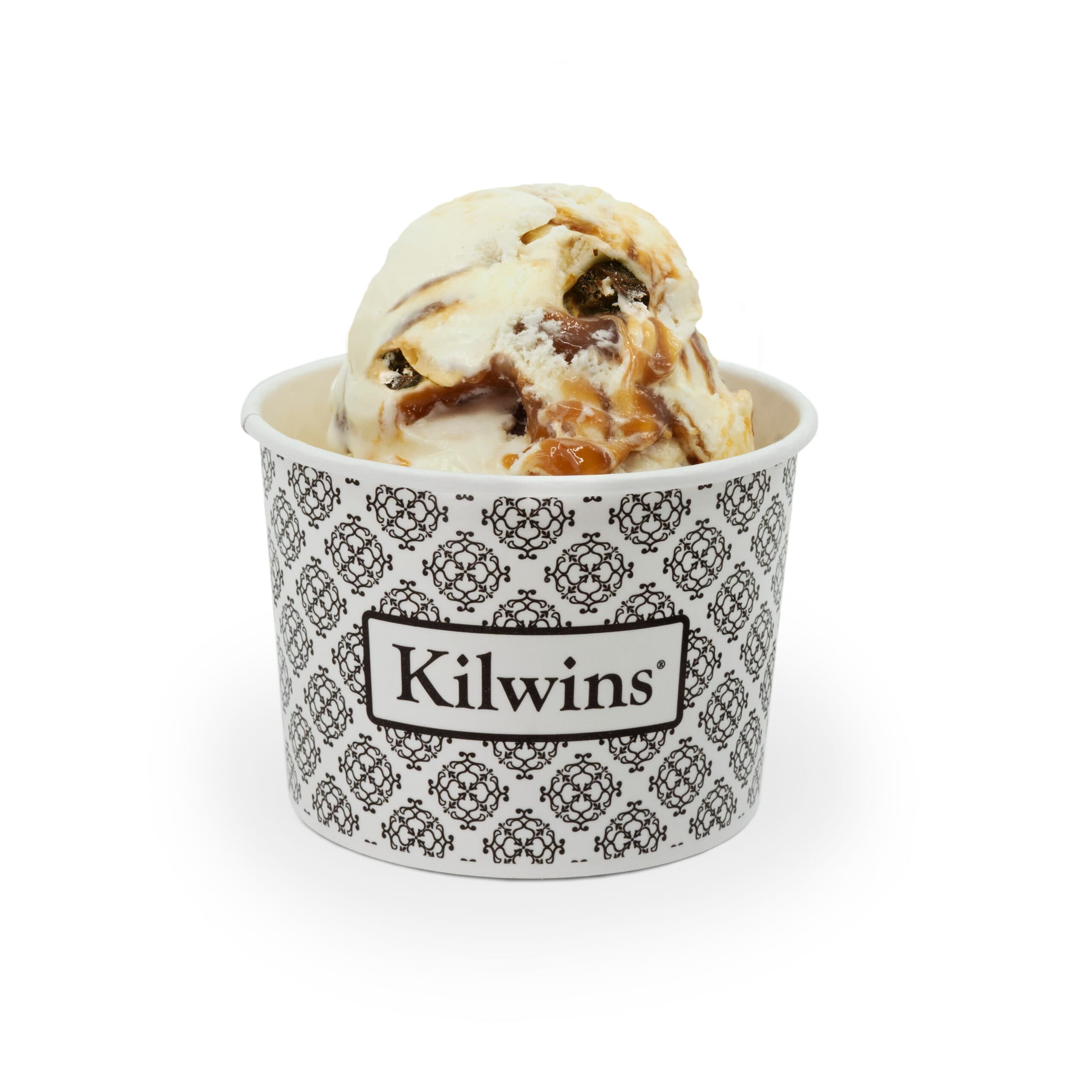 Ice cream cup with caramel and chocolate swirl