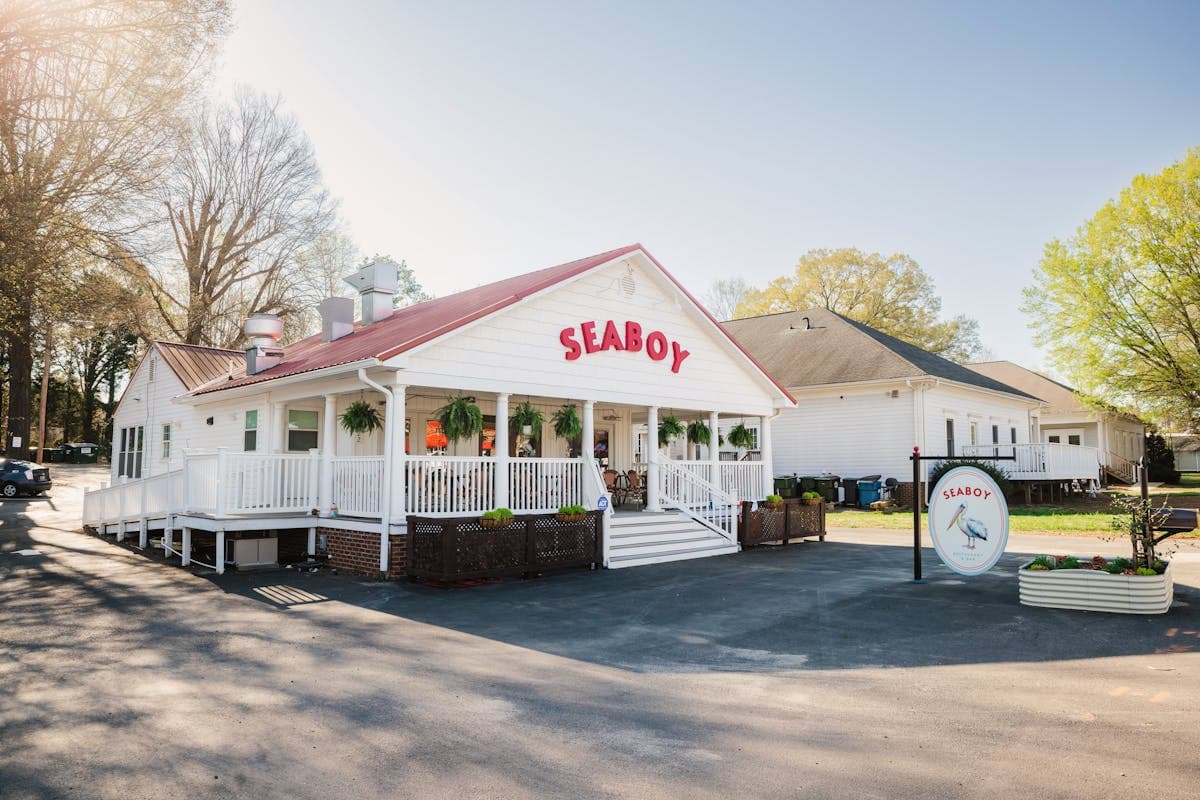 Exterior of Seaboy restaurant building with sign