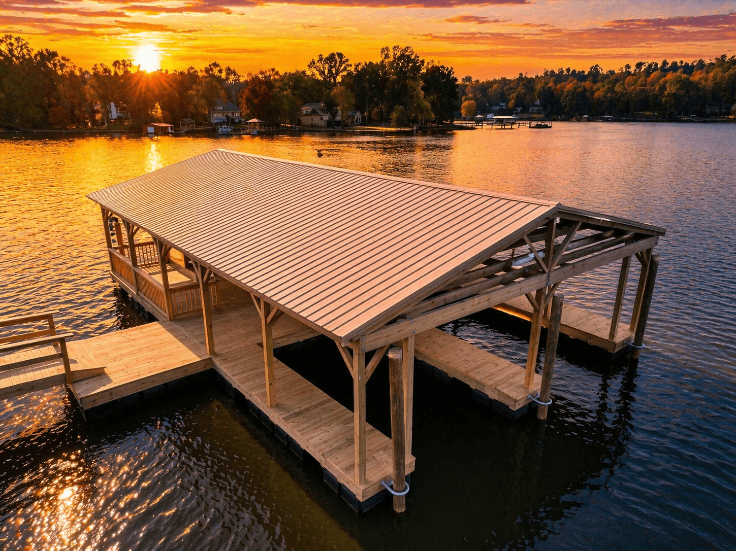 Boat dock with metal roof at sunset