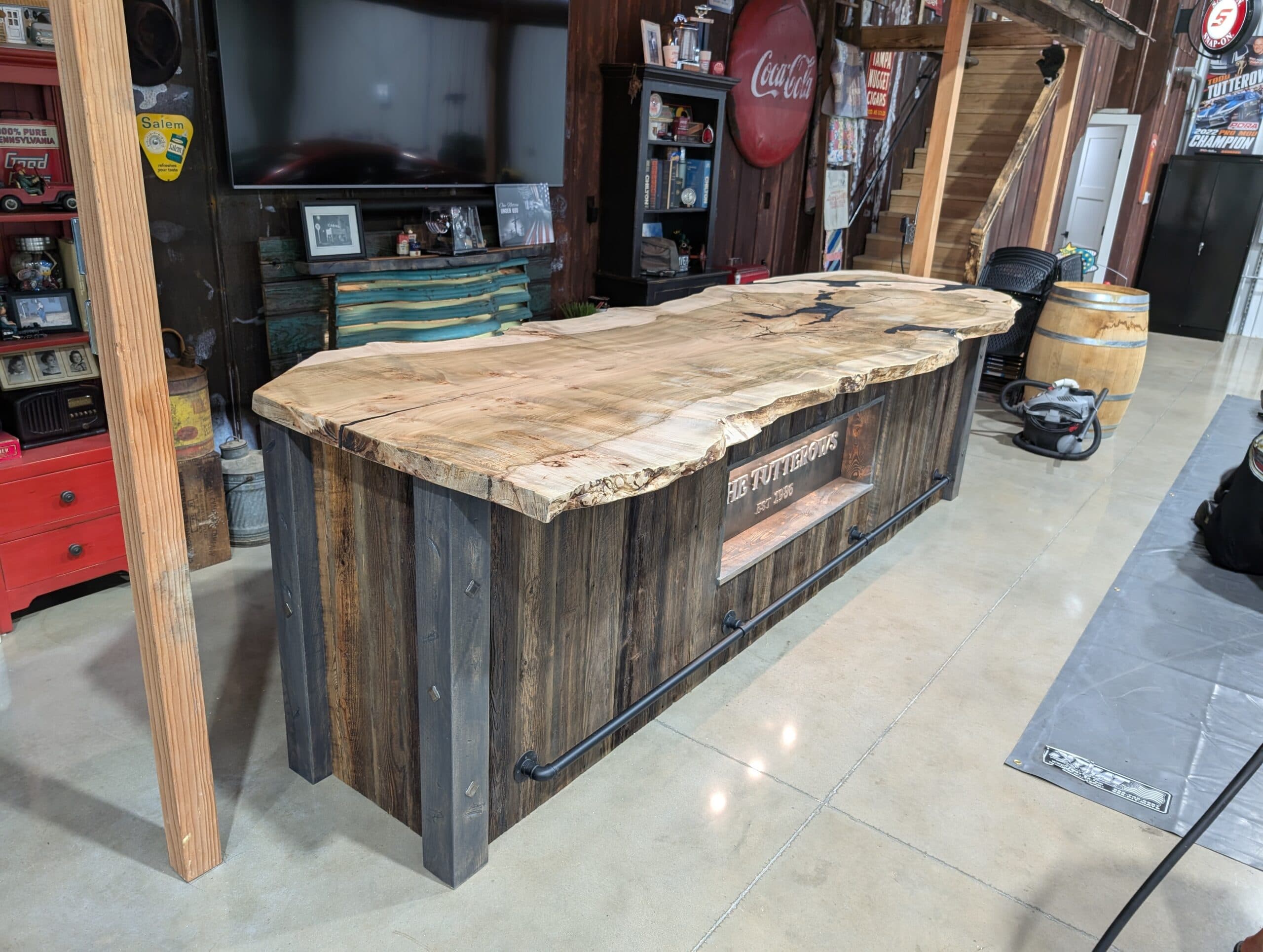 Custom wood counter with live edge top