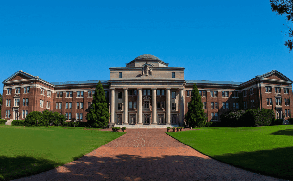 University building with classical architecture and grounds