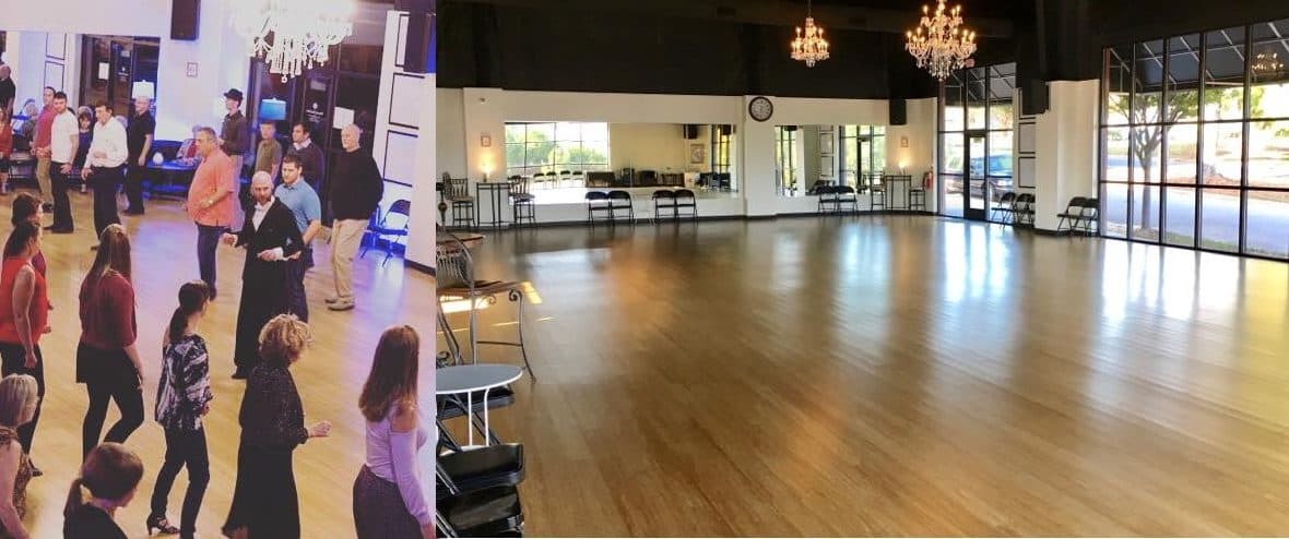 Interior ballroom with wooden floor and chandeliers
