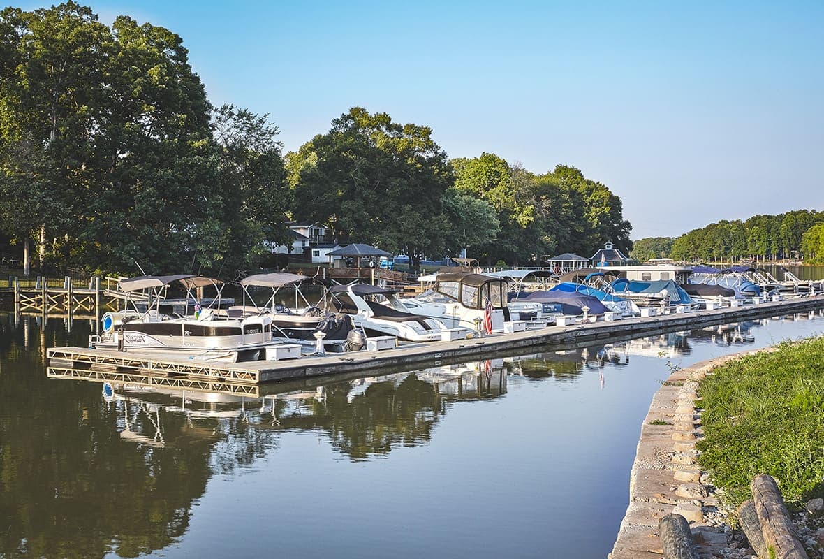 Marina with moored boats and waterfront