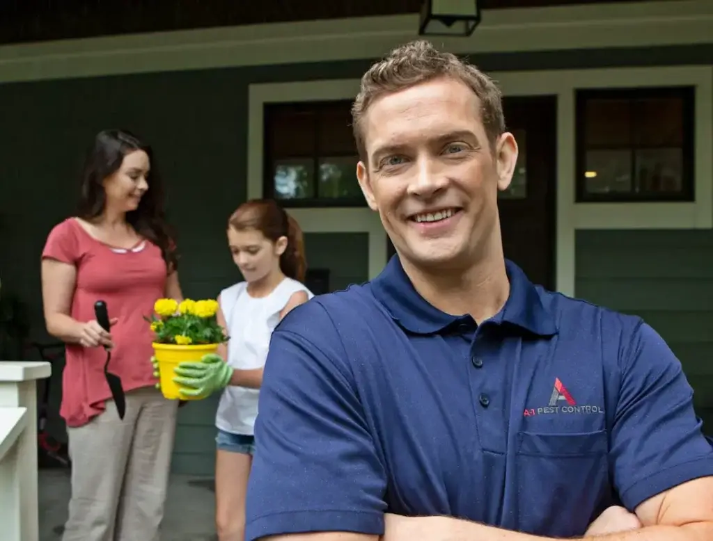 Pest control technician with family at home