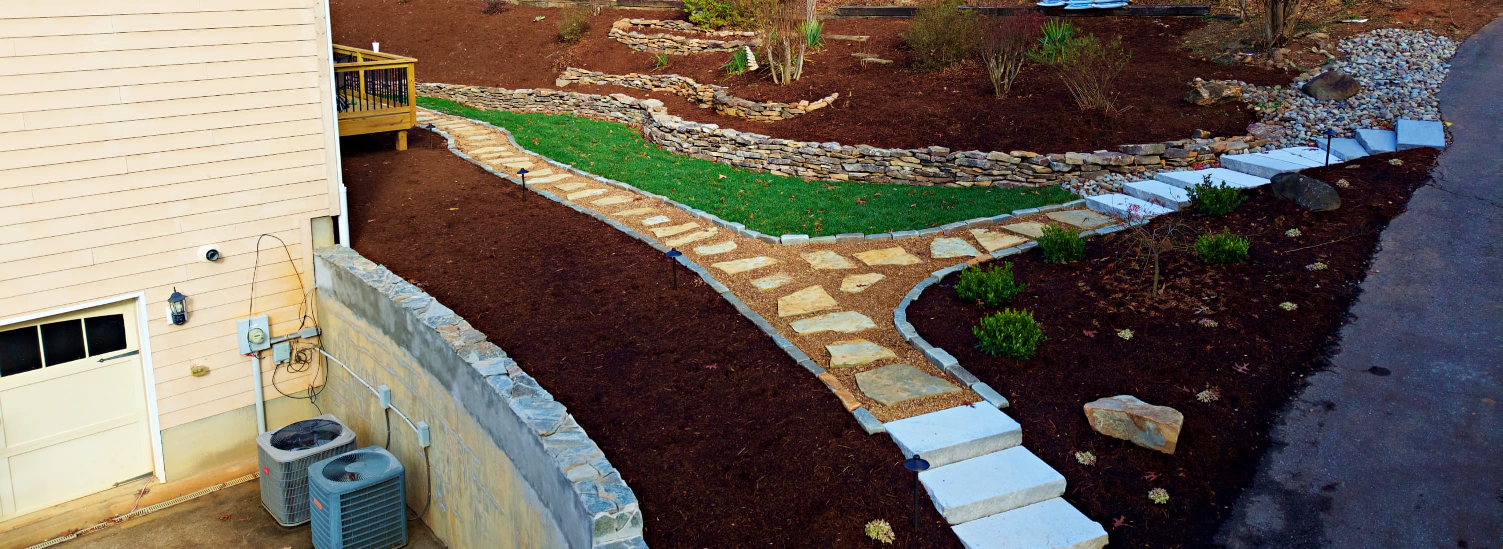 Completed hardscape backyard with patio and pathways