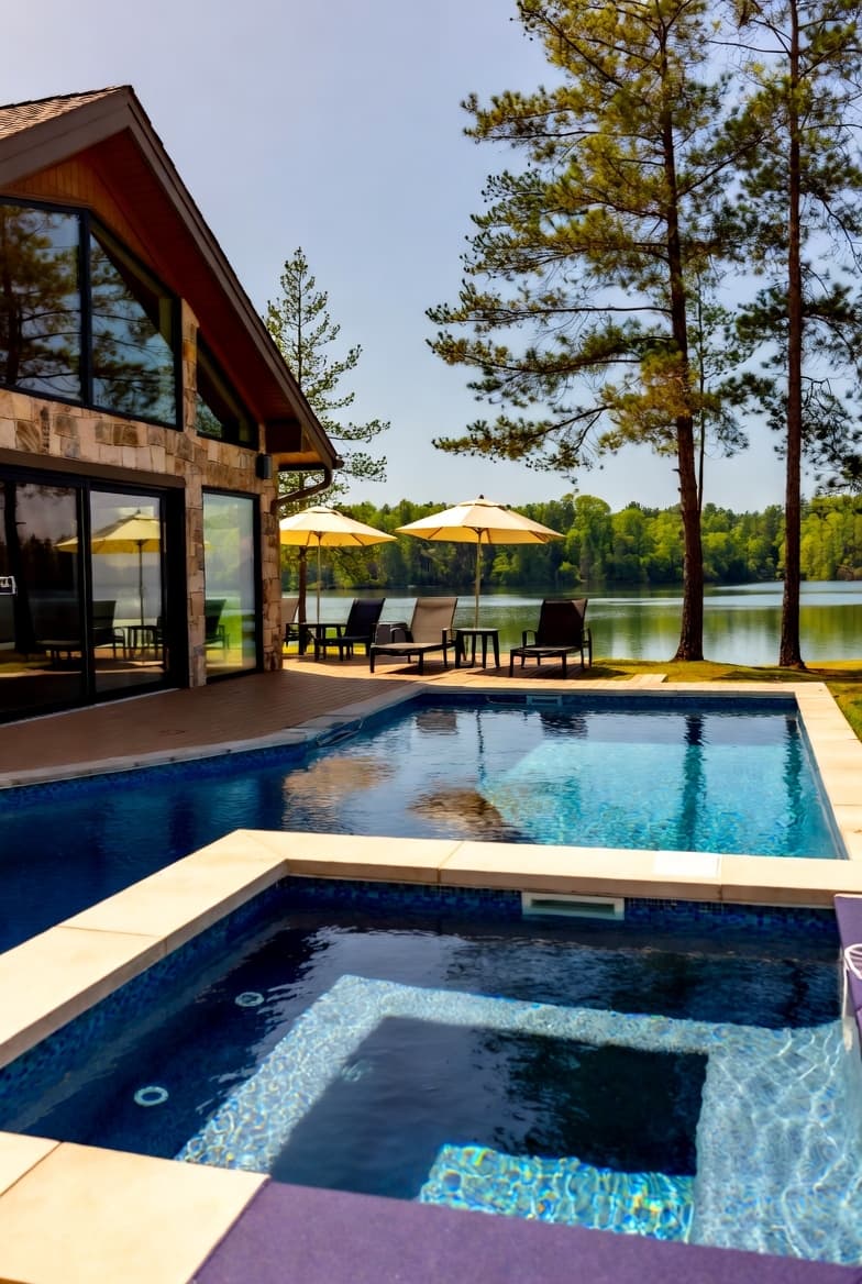 Luxury poolside with spa and lake view