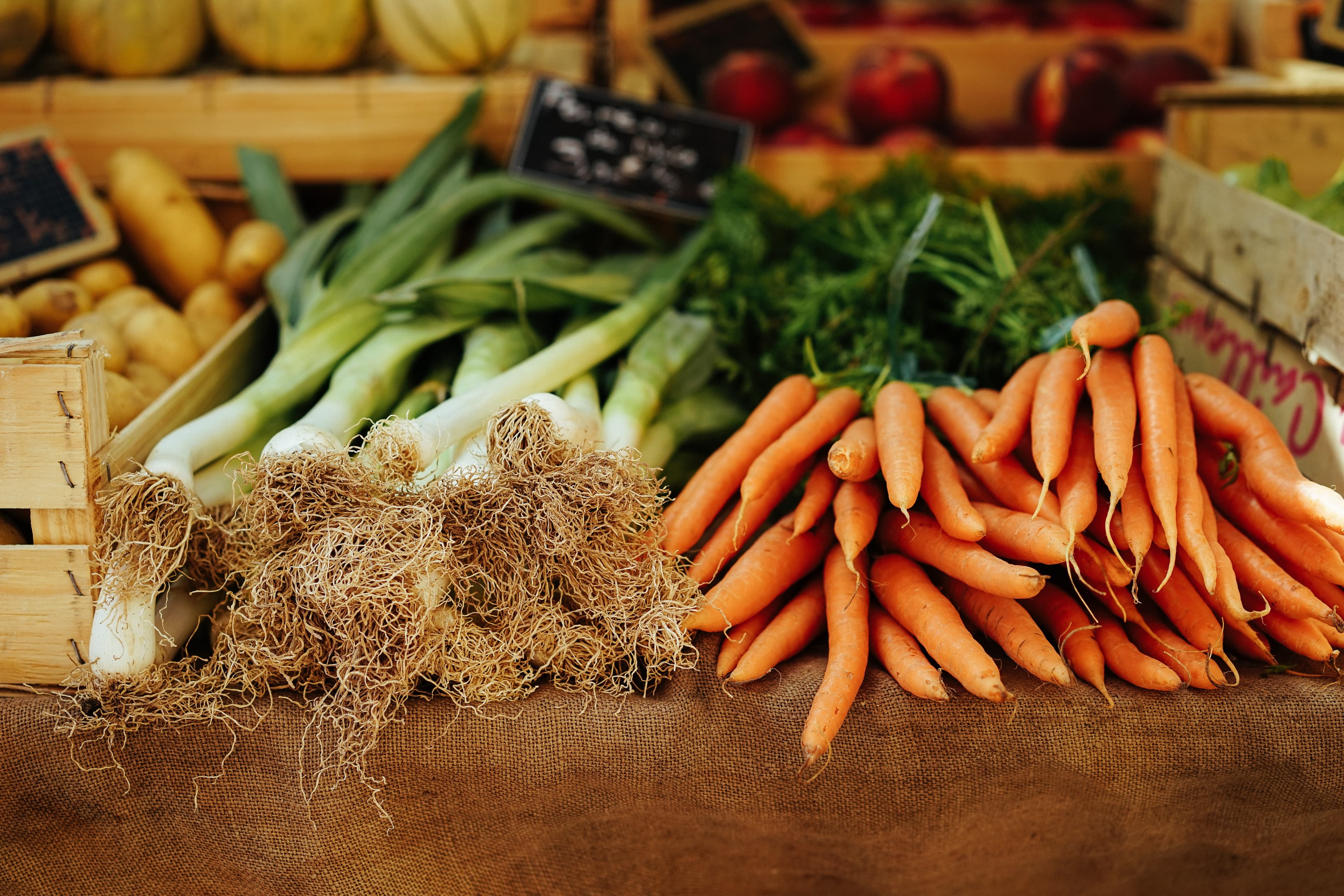 Fresh vegetables at farmers market stand