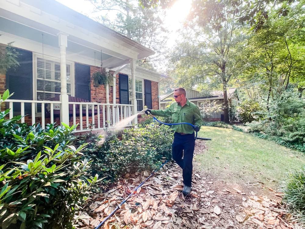 Pest control worker treating landscape near house