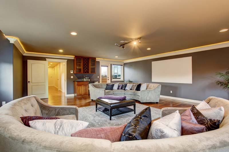 Home theater room with seating and projection