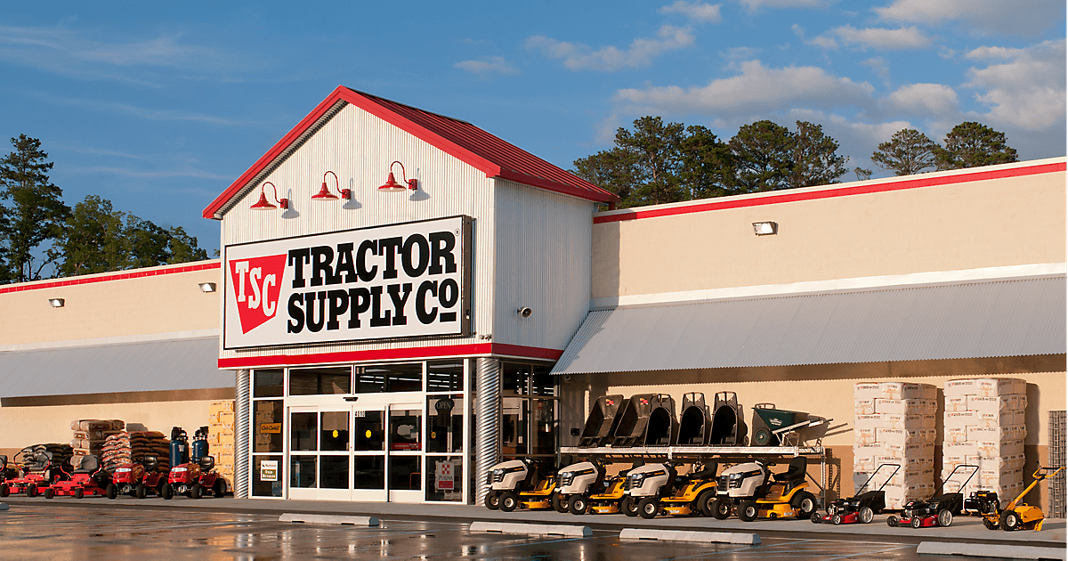 Tractor Supply Co storefront exterior with equipment