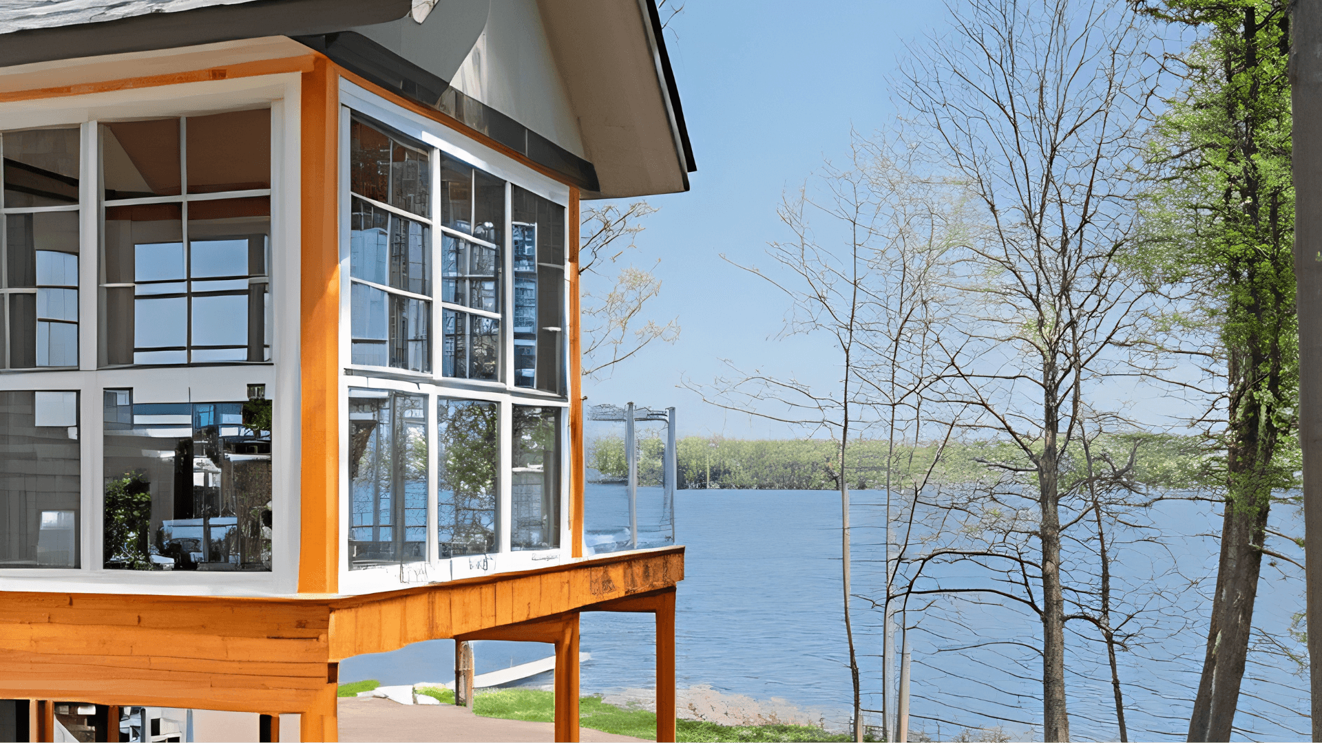 Modern waterfront deck with lake view