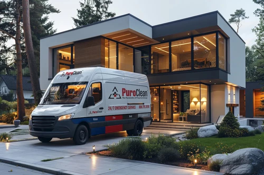 PuroClean service van at modern home exterior