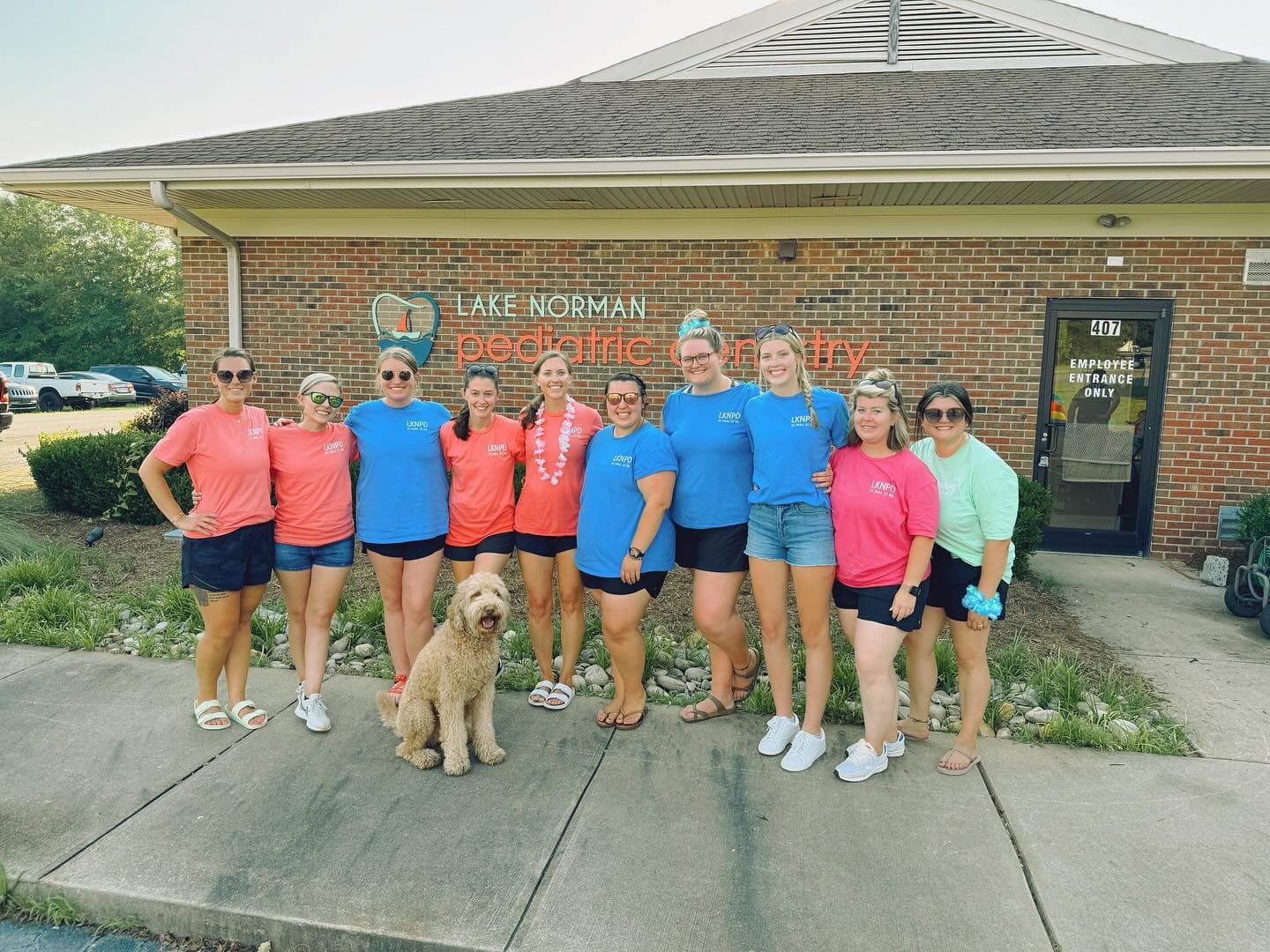 Team photo outside Lake Norman Pediatric Dentistry building