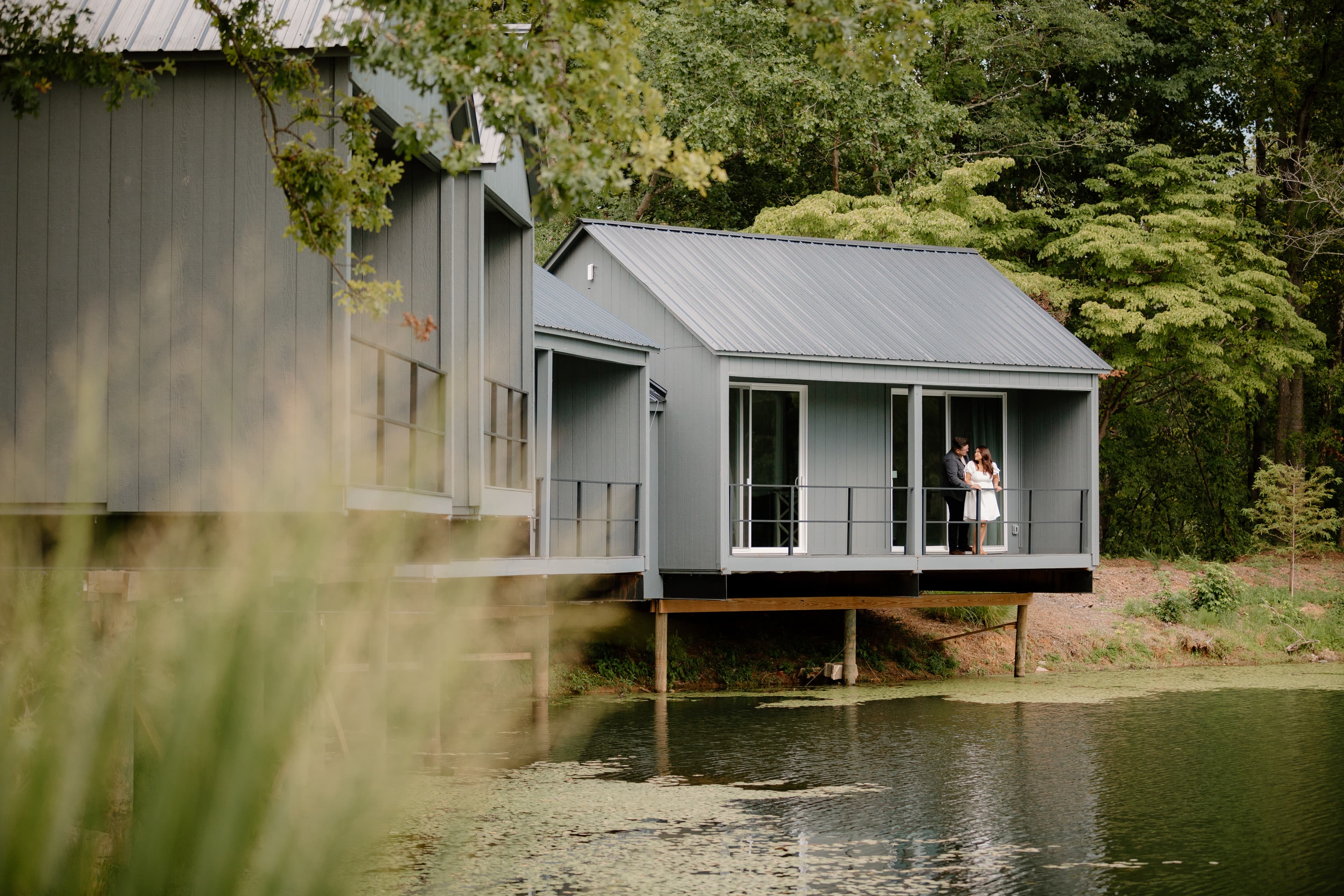Waterfront event venue building with porch