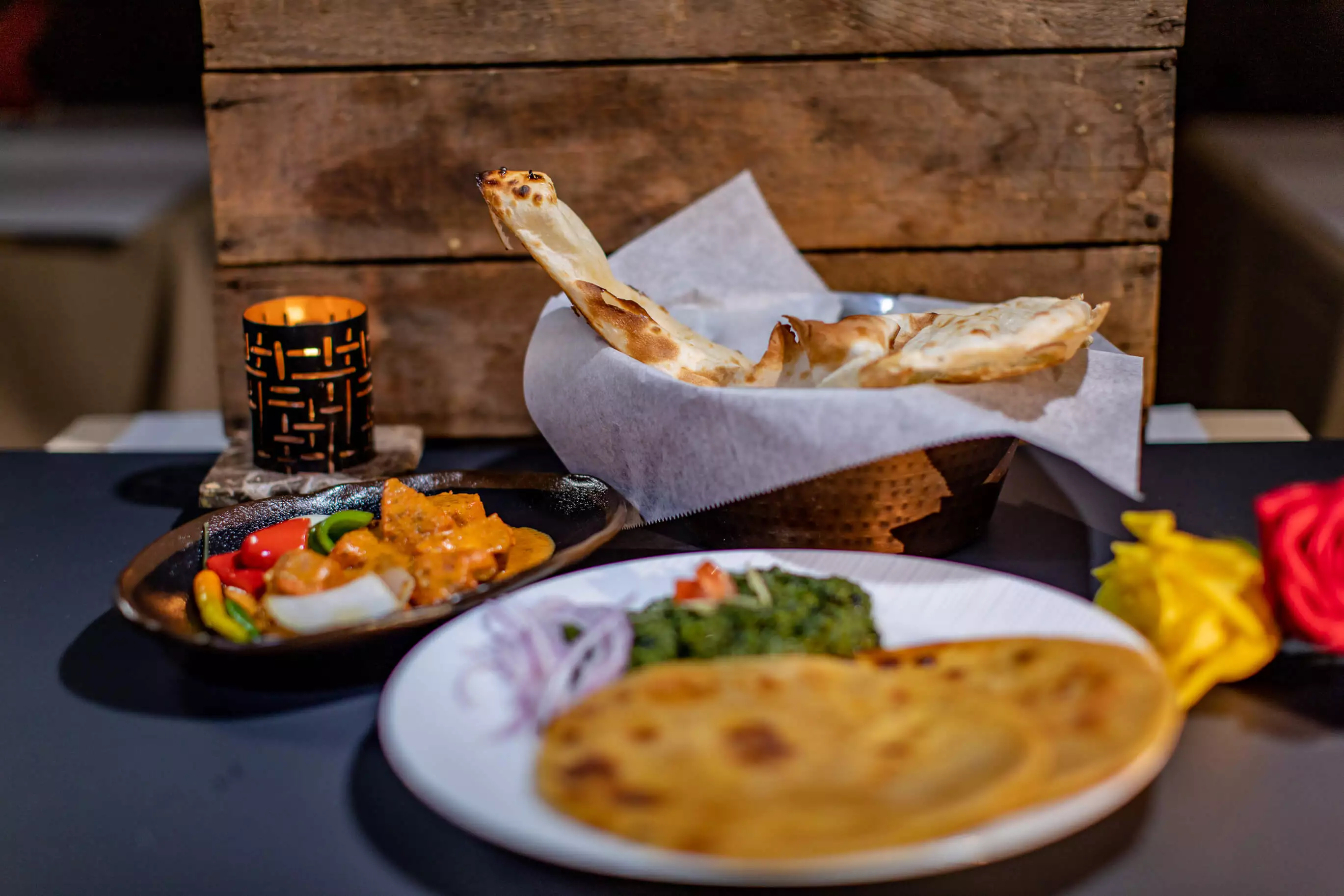 Indian food dishes plated and served