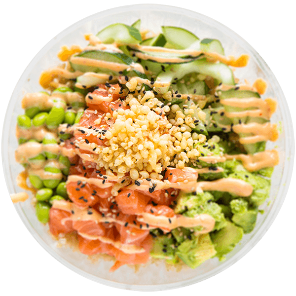 Poke bowl with salmon, vegetables, and toppings